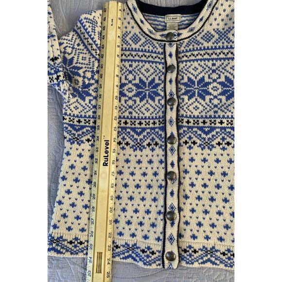 L.L.Bean Sz MP Nordic Fair Isle Sweater Cardigan Blue Ivory Women's Metal Button - Picture 9 of 10
